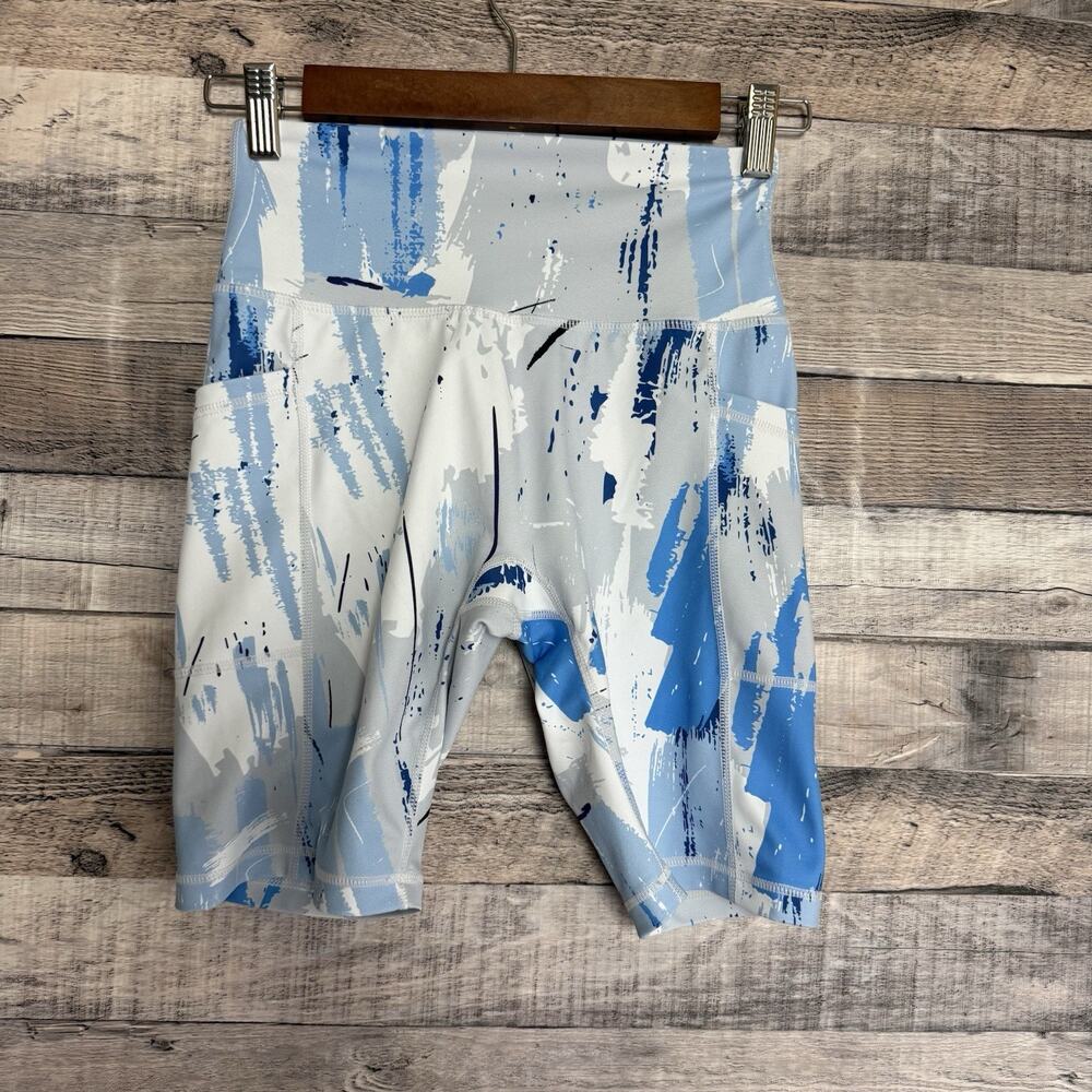 Buff Bunny Womens Gray White Blue Abstract Athletic Biker Shorts Small Pockets
